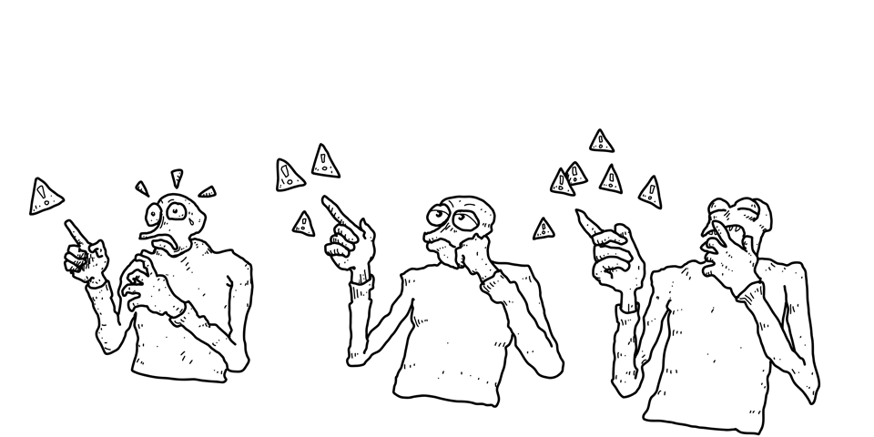 Nimblrillustration with three characters attentively watching alert symbols, representing awareness and involvement in cybersecurity.