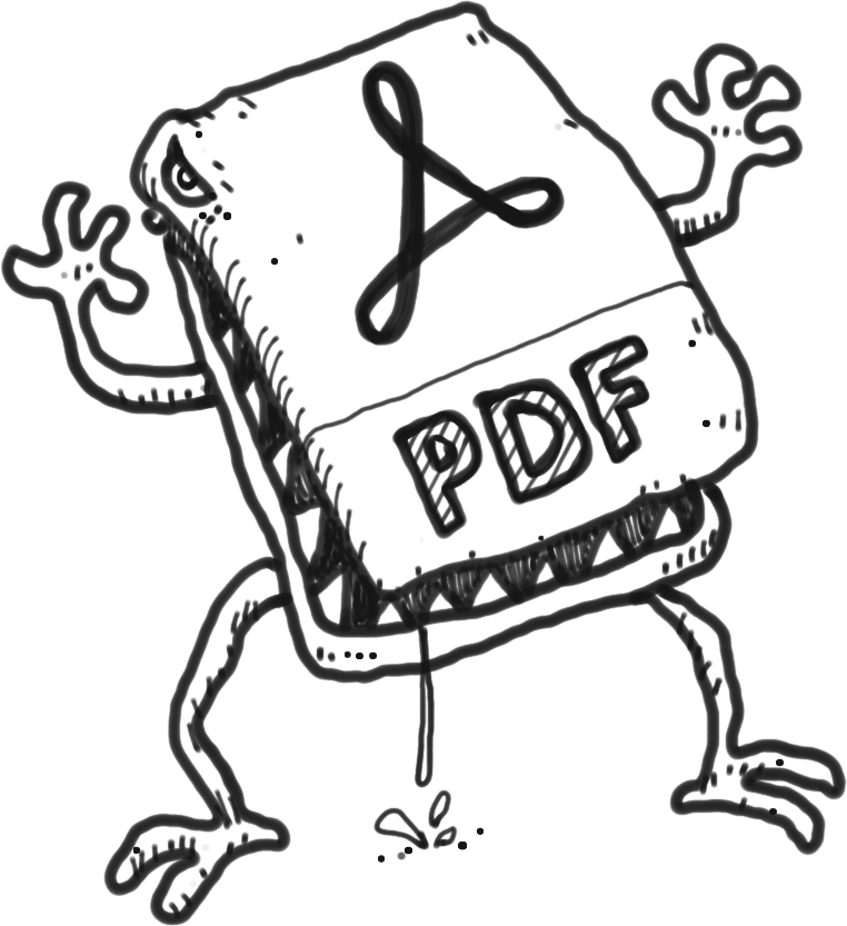 Illustration of a malicious PDF file with sharp teeth, representing a zero-day exploit delivered through a PDF document