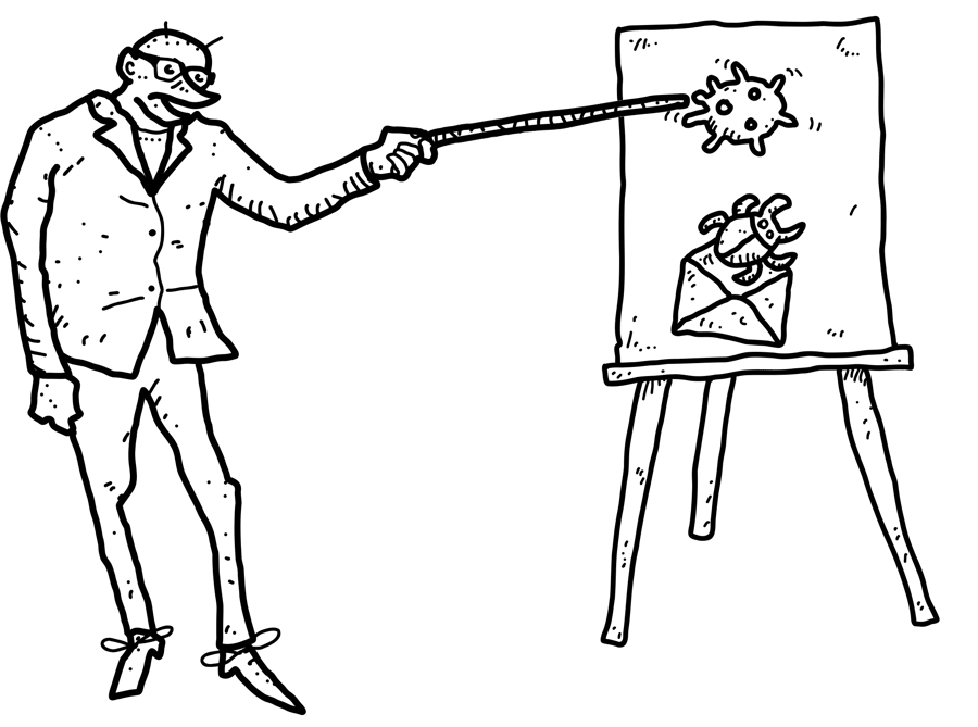 Illustration of a teacher pointing at malware and phishing examples on a board, representing security awareness training