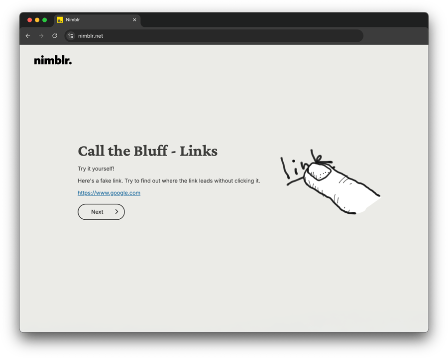 Nimblr training module teaching users how to identify suspicious links before clicking.
