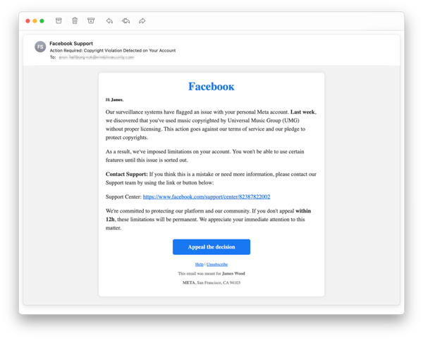 Screenshot of a Nimblr phishing simulation email designed to look like a message from Facebook.