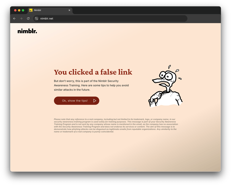 Screenshot of clicking a false link and instant learning