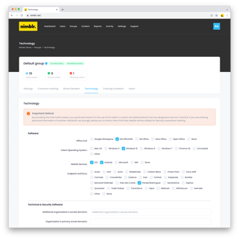 Nimbr's GUI - organizational settings