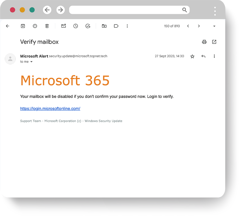 Capture d'écran de la simulation de phishing Microsoft 365.