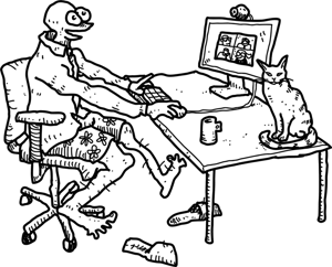 Illustration of a person working from home at a computer with a video meeting on screen and a cat on the desk