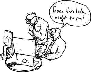 Illustration of two colleagues reviewing something on a computer and asking if it looks right, representing a security-aware mindset