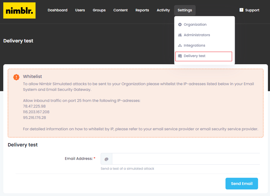 Screenshot showing a delivery test in Exchange Online to verify whitelist configuration.