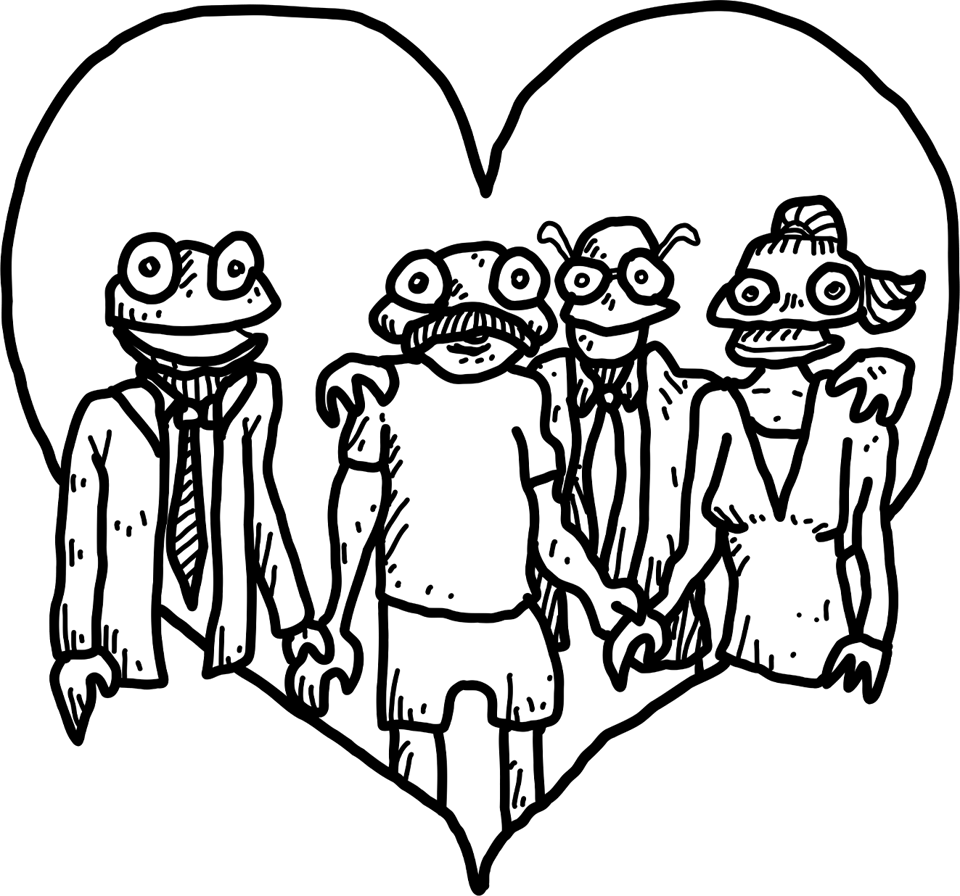 Illustration of four happy cartoon characters inside a heart shape.