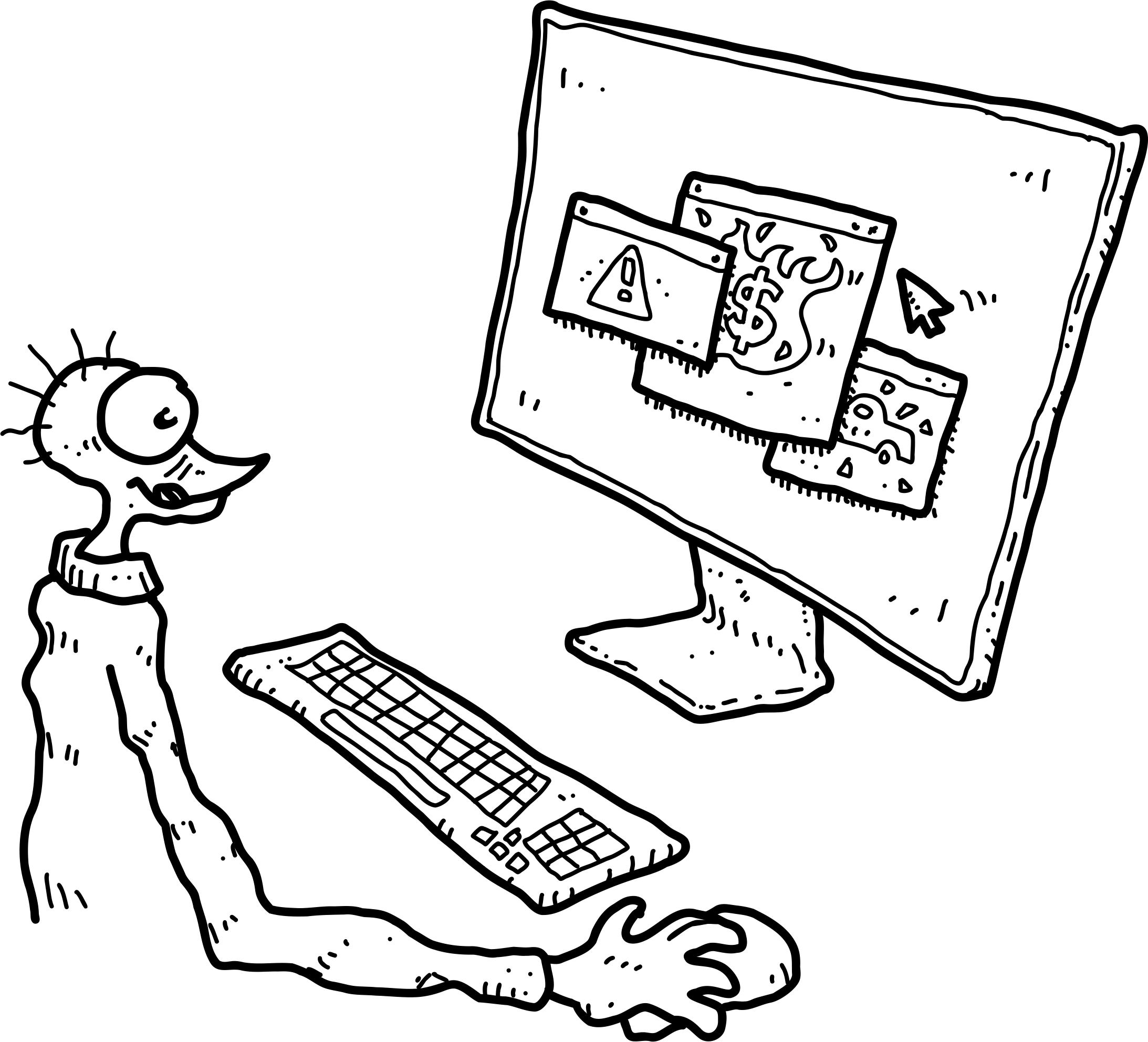 Nimblr illustration showing a user at a desk facing a computer screen with warning icons, symbolizing cybersecurity risks or system alerts.