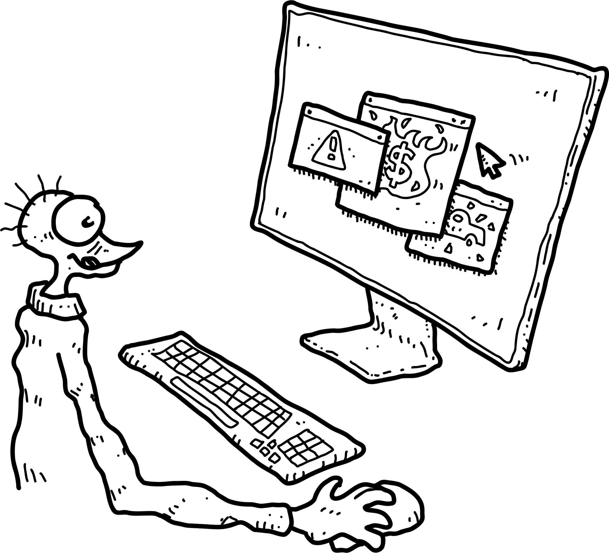 Nimblr illustration showing a user at a desk facing a computer screen with warning icons, symbolizing cybersecurity risks or system alerts.