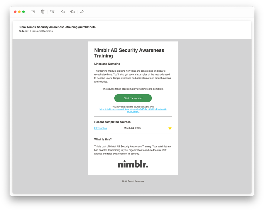 Screenshot of a Nimblr course invitation email in English.