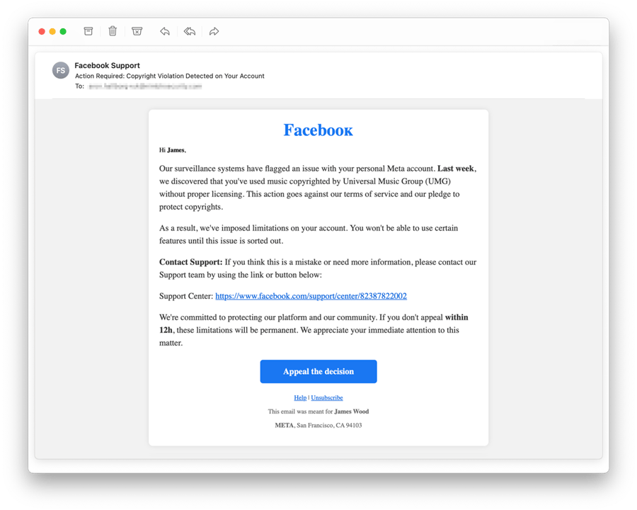 Screenshot of a Nimblr phishing simulation email designed to look like a message from Facebook.