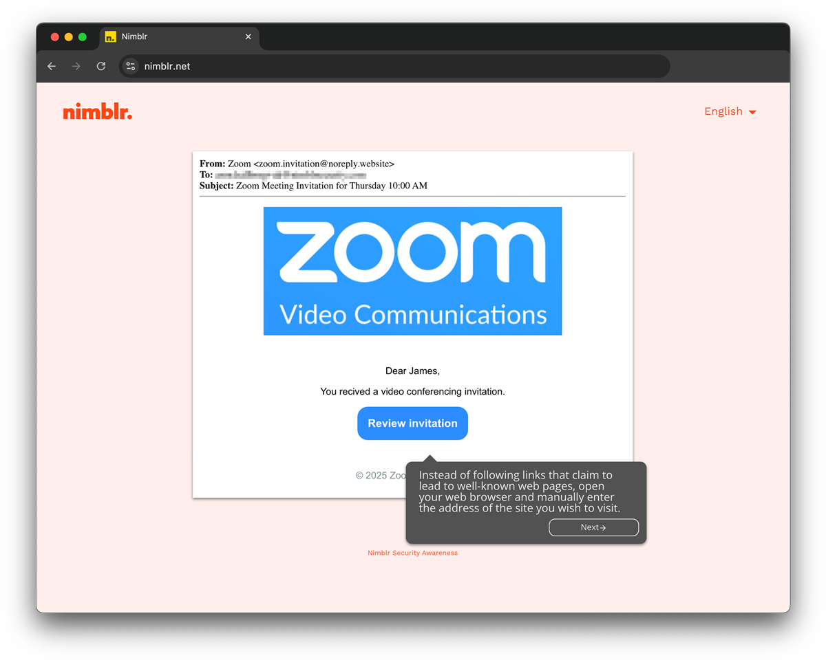 Screenshot of a Nimblr phishing simulation triggered by a fake Zoom message, with interactive elements highlighting how to recognize a suspicious link.