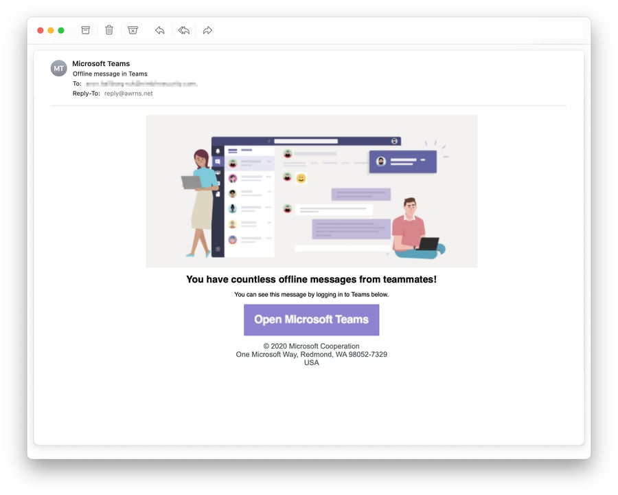 Screenshot from a Nimblr phishing simulation email designed to mimic a Microsoft Teams message.