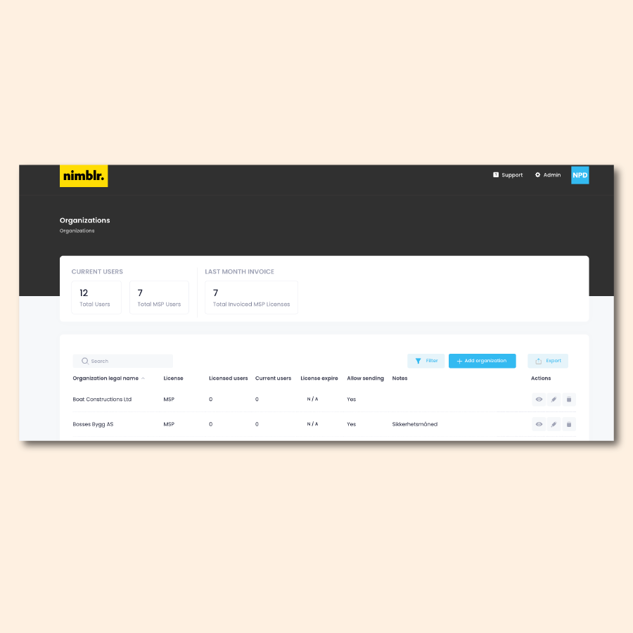 Screenshot of the Nimblr partner portal page showing available organizations.