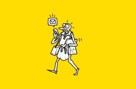 Illustration of a distracted person walking while looking at a mobile phone and receiving an email notification, representing phishing risk and security awareness.