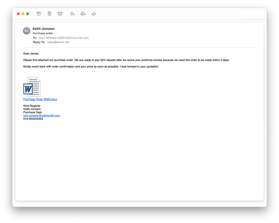 Simulated phishing email in Nimblr, made to look like a message from a colleague with a legitimate-looking Word file attachment containing simulated malware.