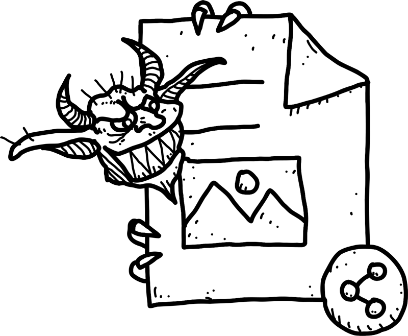Illustration of a scary virus figure hiding behind a computer file icon.