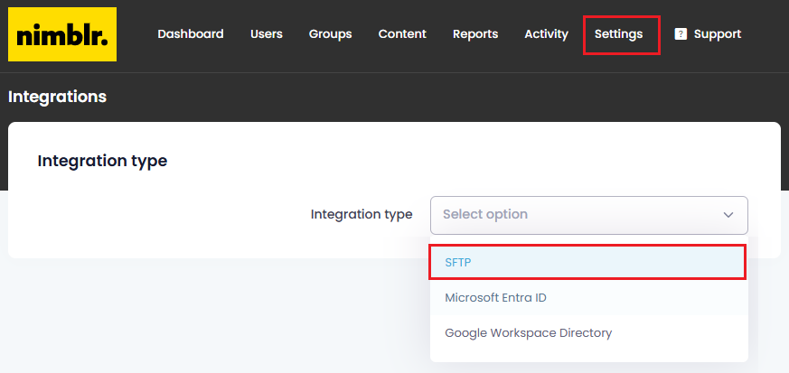 Screenshot showing SFTP selected as the integration type.