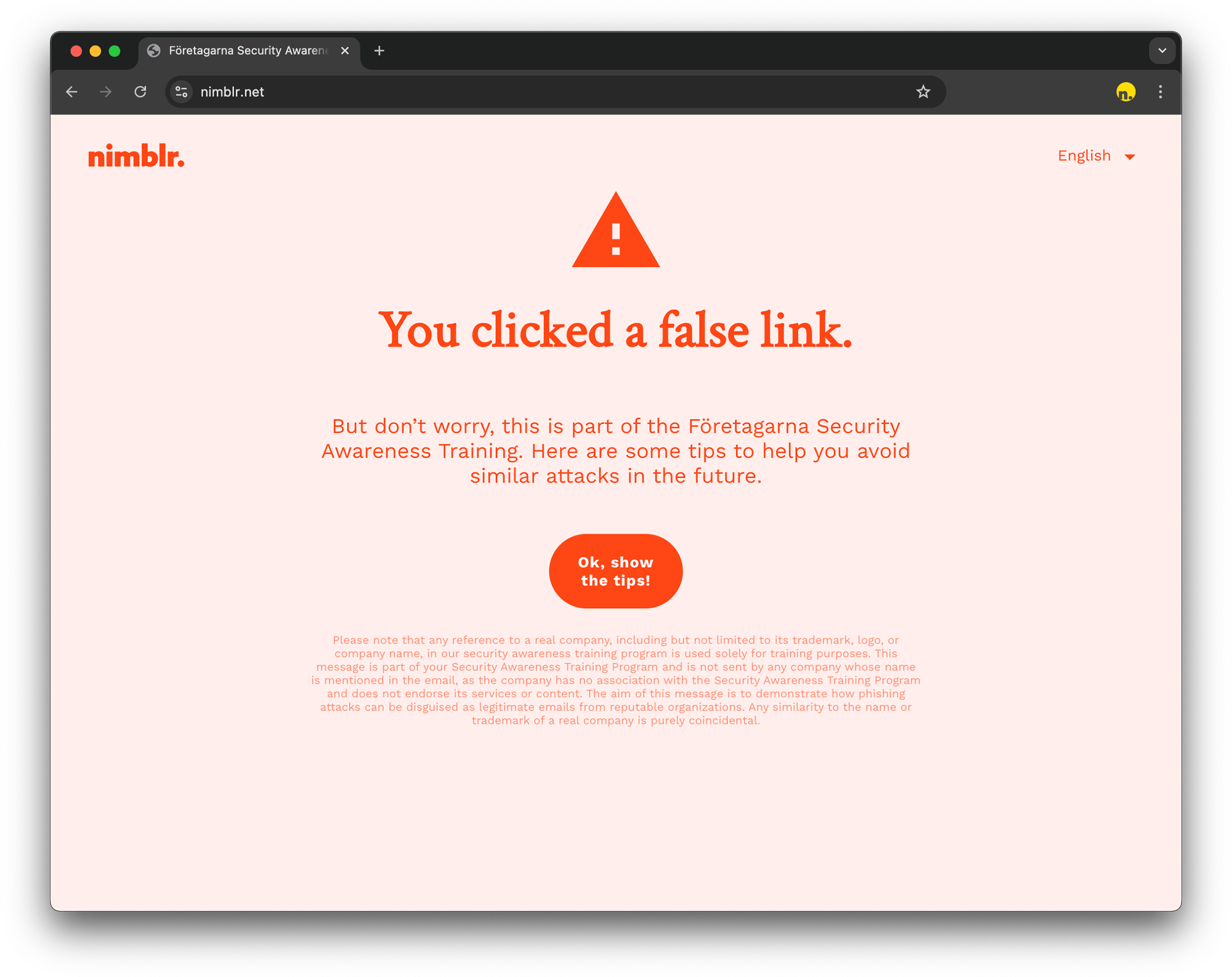 Simulated landing page with a fake link used in an English-language phishing awareness test. Simulated landing page with a fake link used in an English-language phishing awareness test.