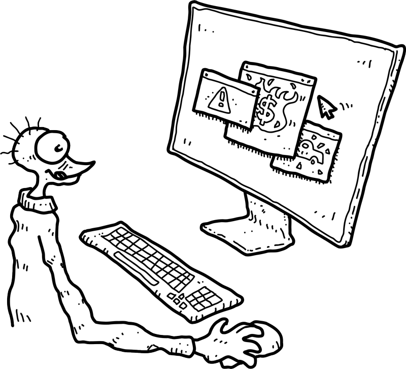 Illustrated man sitting in fron of a computer screen with warning signs