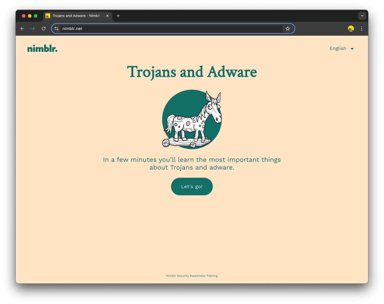 Screenshot from a Nimblr micro course in English about Trojans and adware.